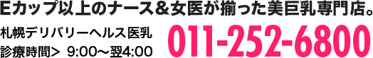 Eカップ以上のナース&女医が揃った美巨乳専門店。札幌デリバリーヘルス医乳 診療時間>16:00～翌4:00 011-252-6800